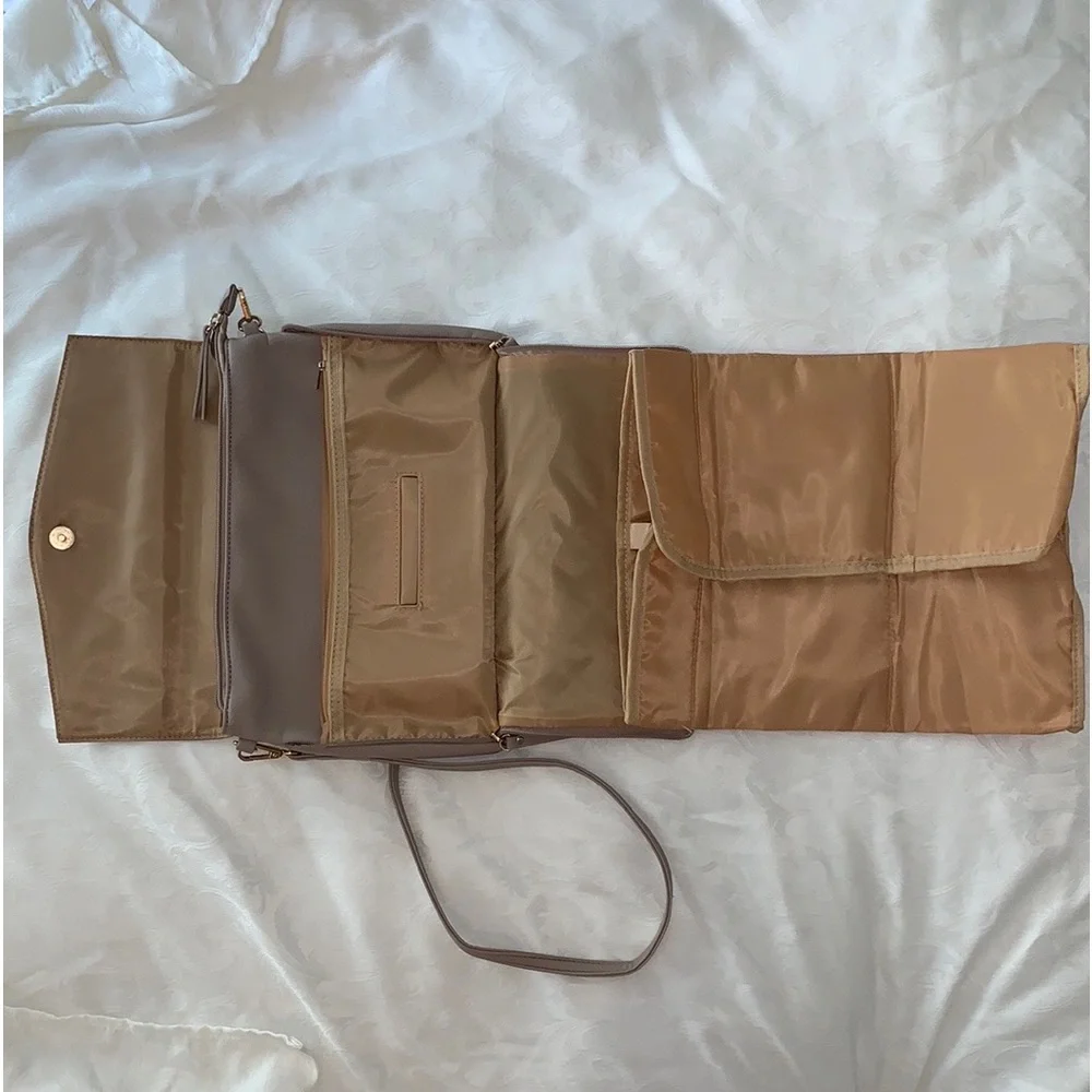 Crossbody purse with both baby changing pad & place for baby wipes, in Taupe/tan